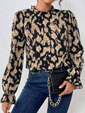 Frill Leopard Mock Neck Flounce Sleeve Blouse - Trendsi - Flyclothing LLC