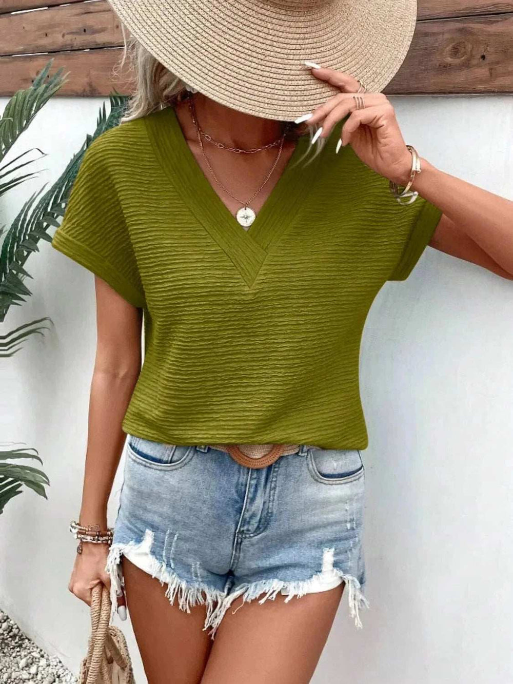 Textured Solid Color Short Sleeve Top - Trendsi - Flyclothing LLC