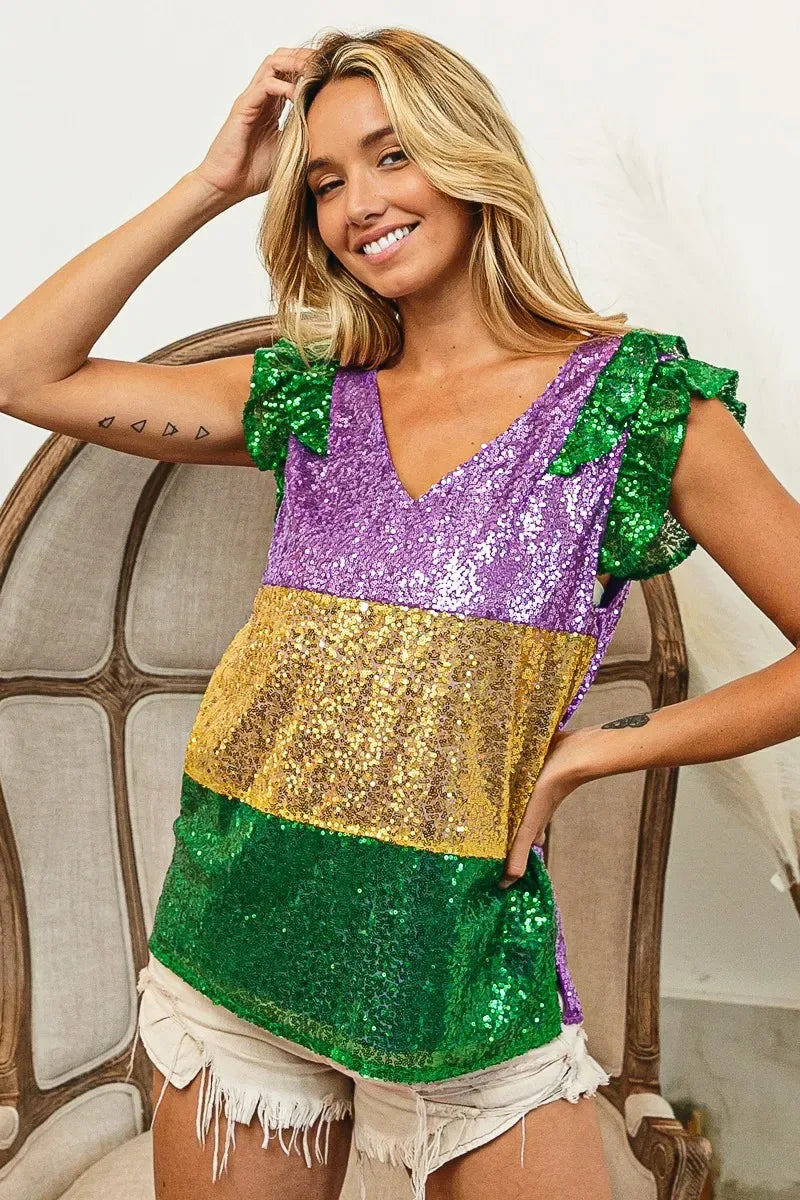 BiBi Mardi Gras Sequin Color Block Ruffled Top - Trendsi - Flyclothing LLC
