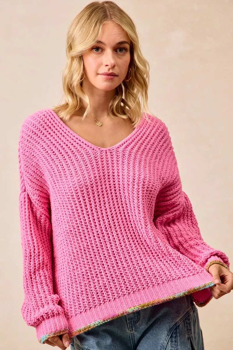 BiBi V-Neck Sweater with Colorful Trim - Trendsi - Flyclothing LLC