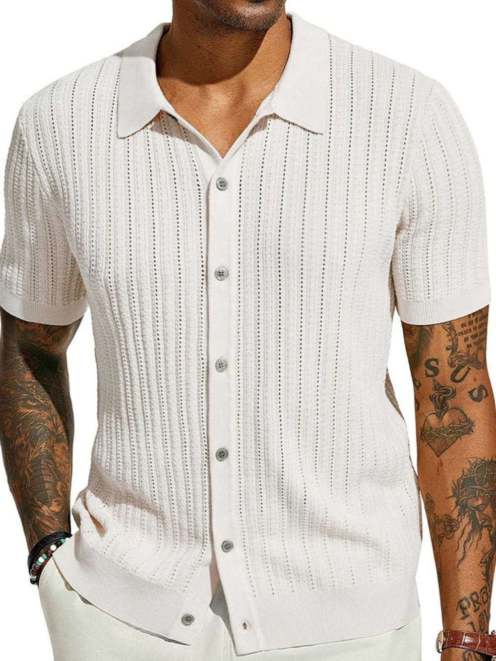 Men's Full Size Openwork Button Down Collared Neck Shirt Plus Size - Trendsi - Flyclothing LLC