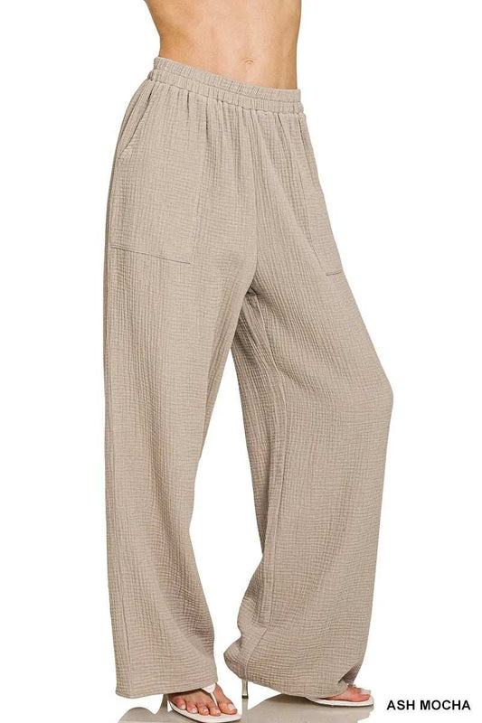 Zenana Double Gauze Elastic Band Pants - Trendsi - Flyclothing LLC
