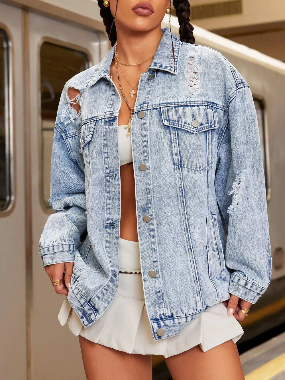 Distressed Wash Button Up Denim Jacket - Trendsi - Flyclothing LLC