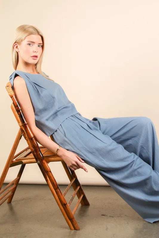 VERY J Solid Woven Top & Pants Set - Trendsi - Flyclothing LLC