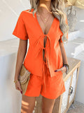 Devine Tied V-Neck Short Sleeve Top and Shorts Set - Trendsi - Flyclothing LLC