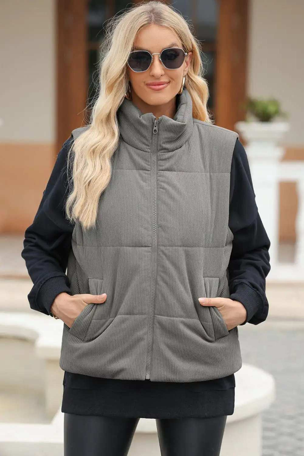Pocketed Zip Up Turtleneck Vest Coat - Trendsi - Flyclothing LLC