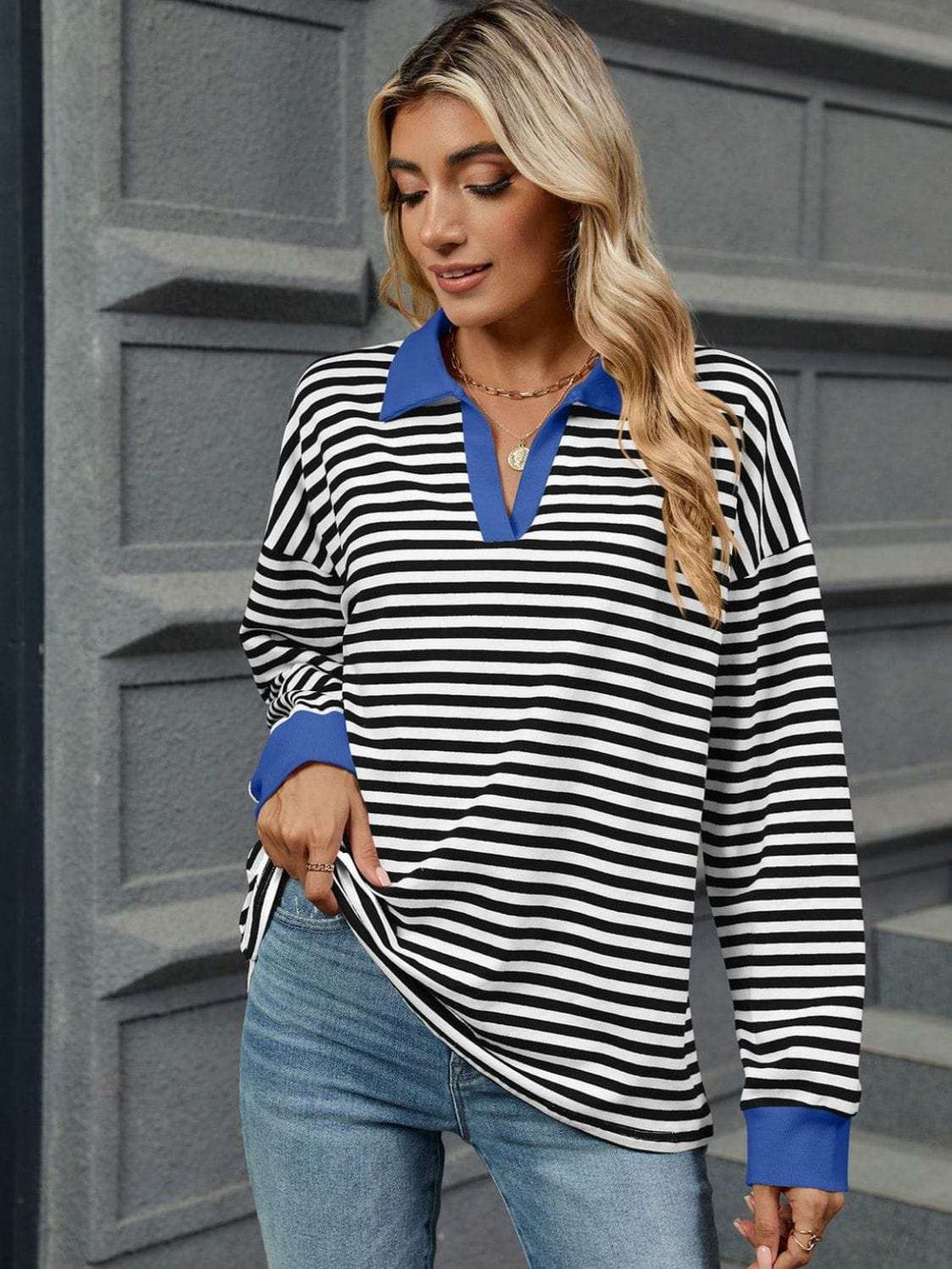 Striped Johnny Collar Long Sleeve Sweatshirt - Trendsi - Flyclothing LLC