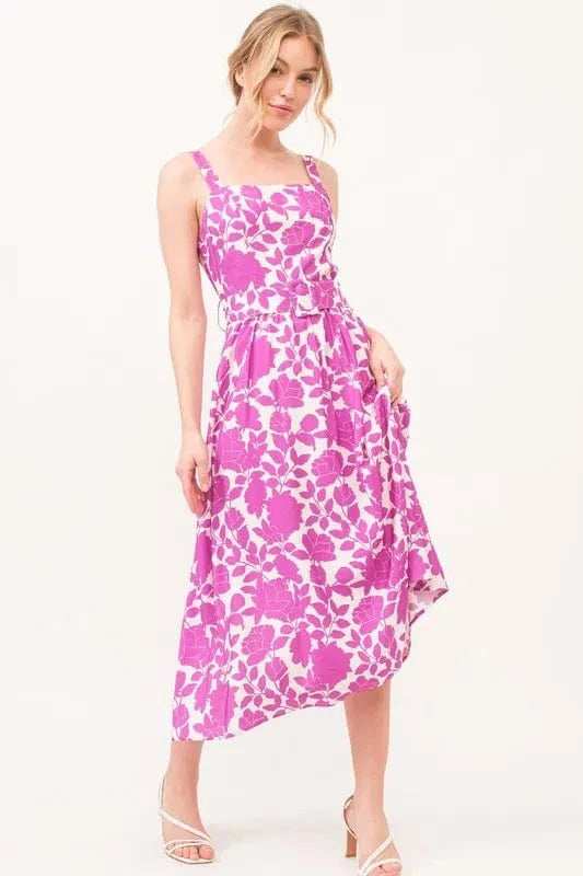 And The Why Square Neck Belted Floral Printed Midi Dress - Trendsi - Flyclothing LLC