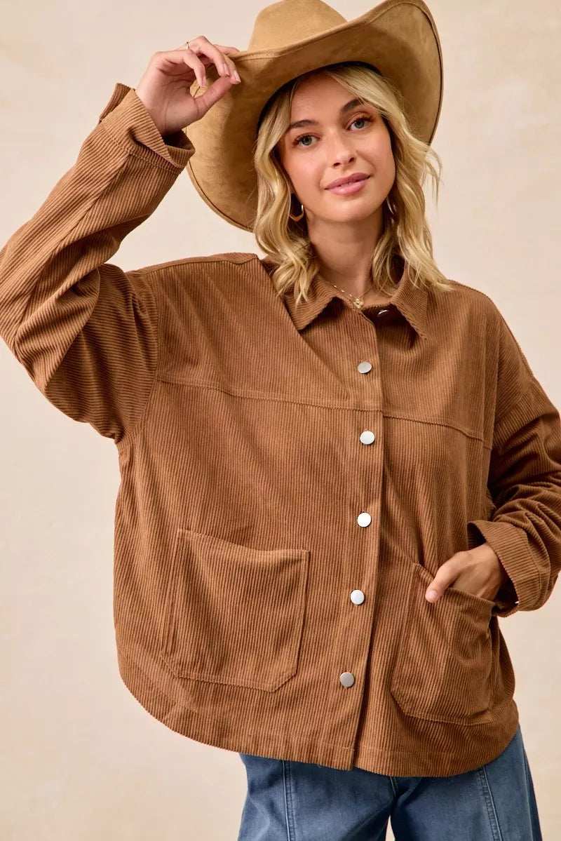 BiBi Corduroy Relaxed Fit Shacket with Back Pleat - Trendsi - Flyclothing LLC
