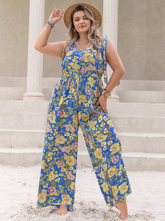 Plus Size Printed V-Neck Wide Leg Jumpsuit - Trendsi - Flyclothing LLC