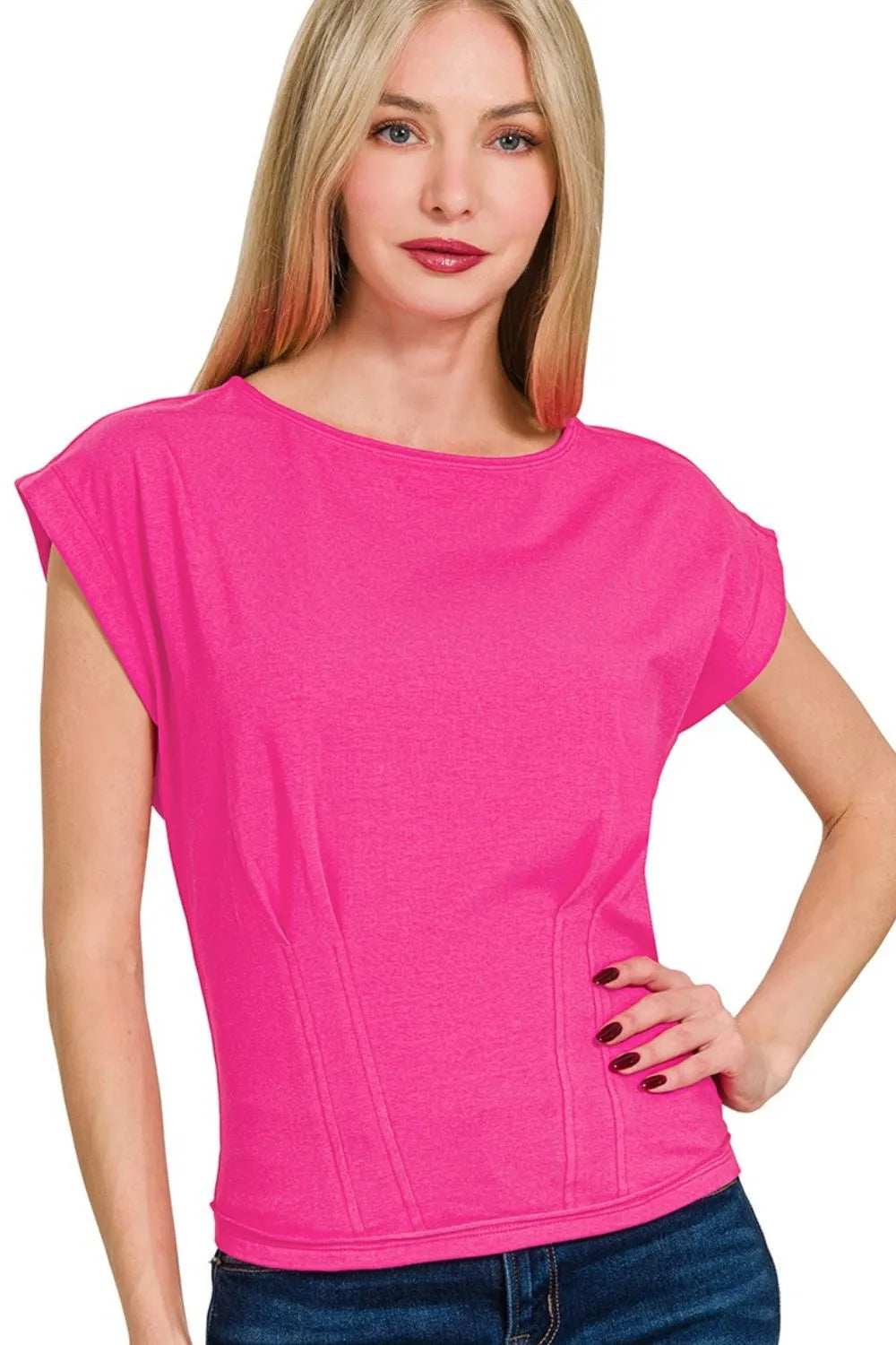 Zenana Gathered Waist Round Neck Top - Trendsi - Flyclothing LLC