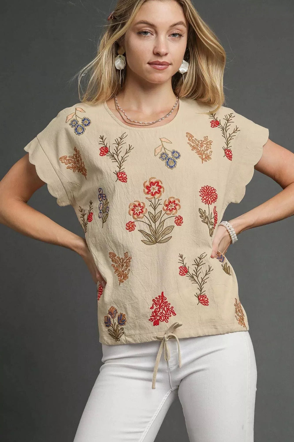 Umgee Embroidered Scallop Sleeve Top with Drawstring Hem - Trendsi - Flyclothing LLC