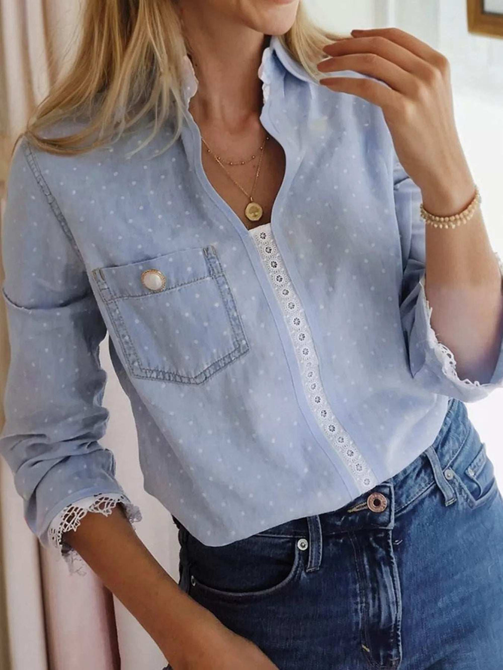 Lace Trim Patchwork Dotted Print Collared Blouse - Trendsi - Flyclothing LLC