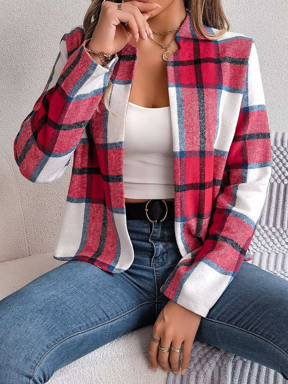 Plaid Open Front Long Sleeve Jacket - Trendsi - Flyclothing LLC