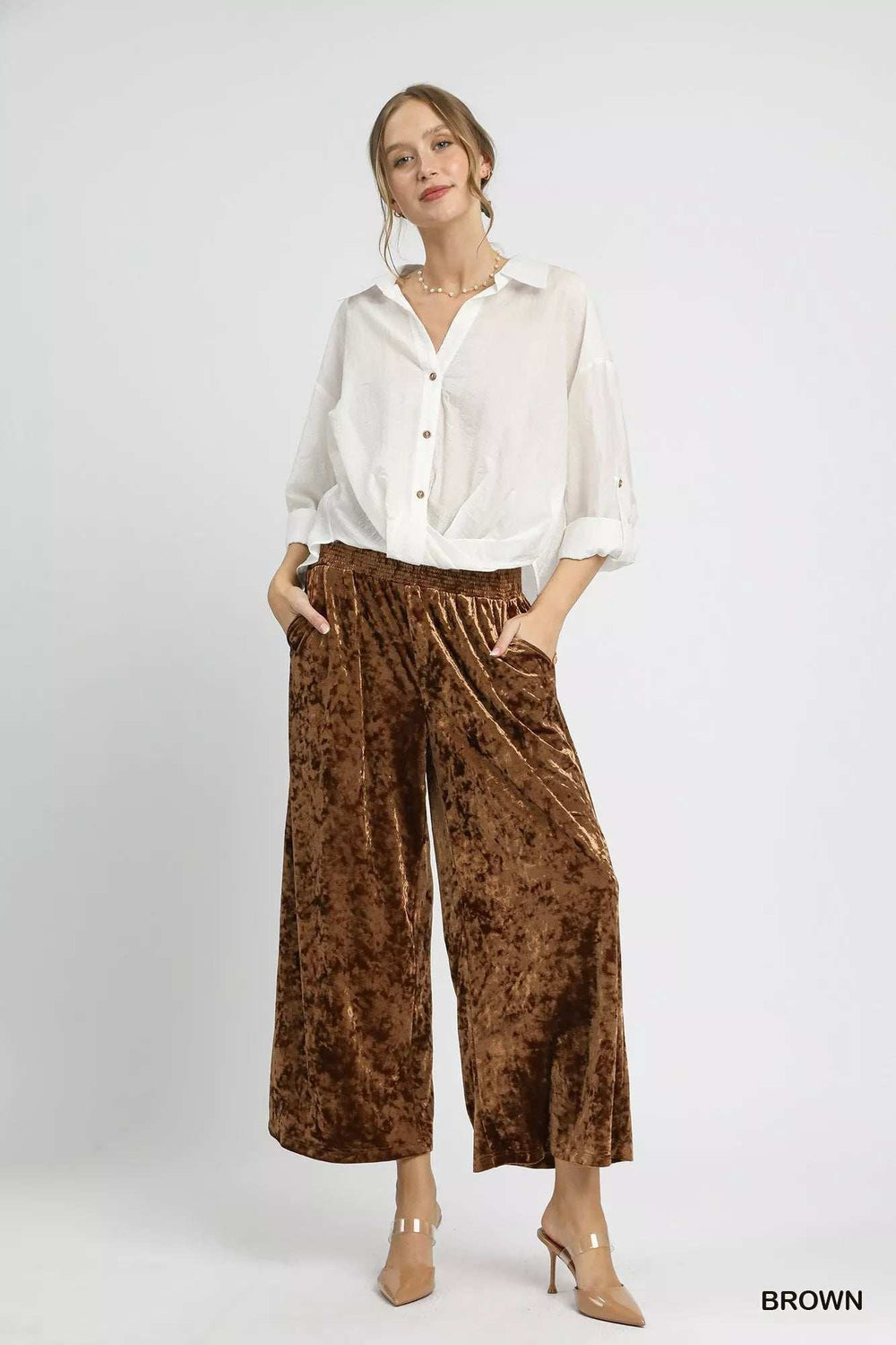 Umgee Velvet Smocked Waistband Wide Leg Pants - Trendsi - Flyclothing LLC