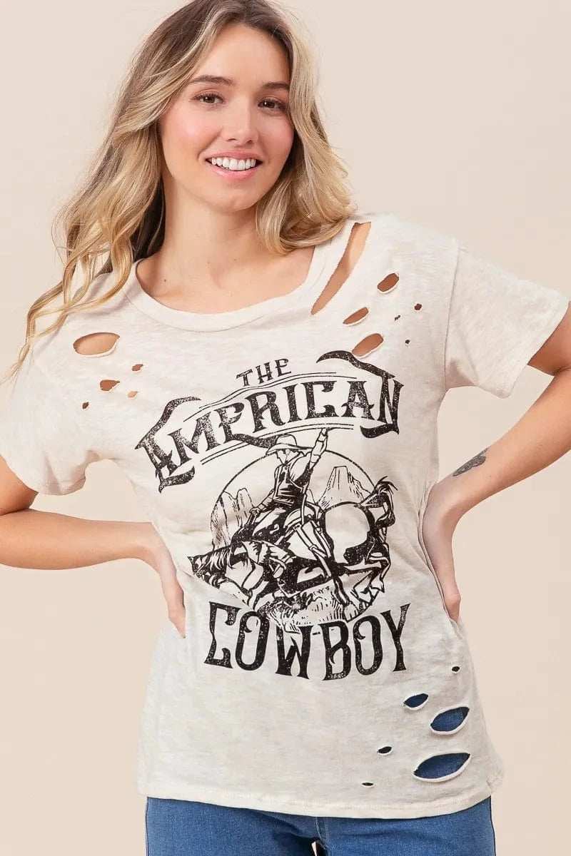 BiBi Cotton Slub Laser Top American Cow Boy Graphic - Trendsi - Flyclothing LLC