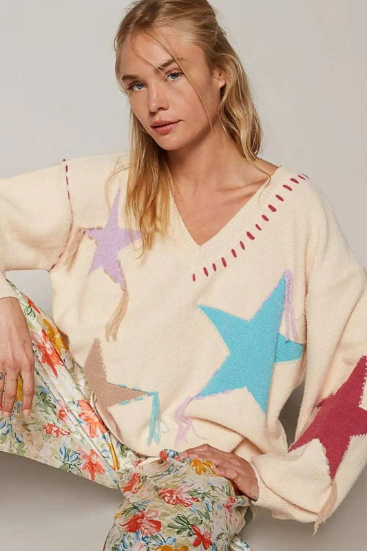 POL V-Neck Long Sleeve Star Fringe Sweater - Trendsi - Flyclothing LLC