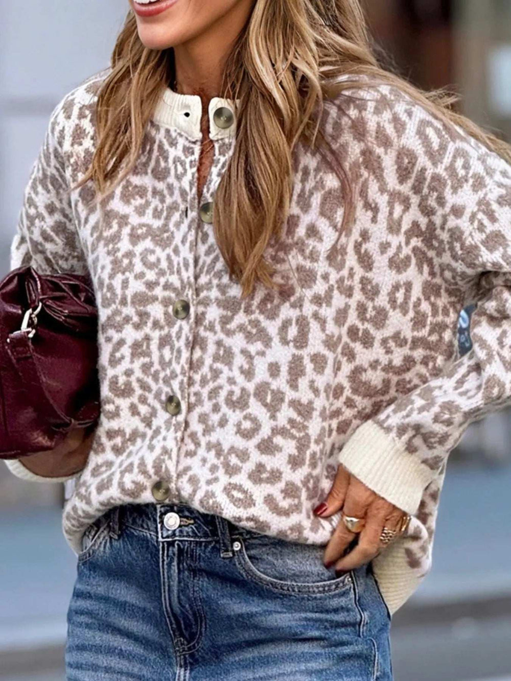 Leopard Drop Shoulder Chunky Knitted Cardigan - Trendsi - Flyclothing LLC