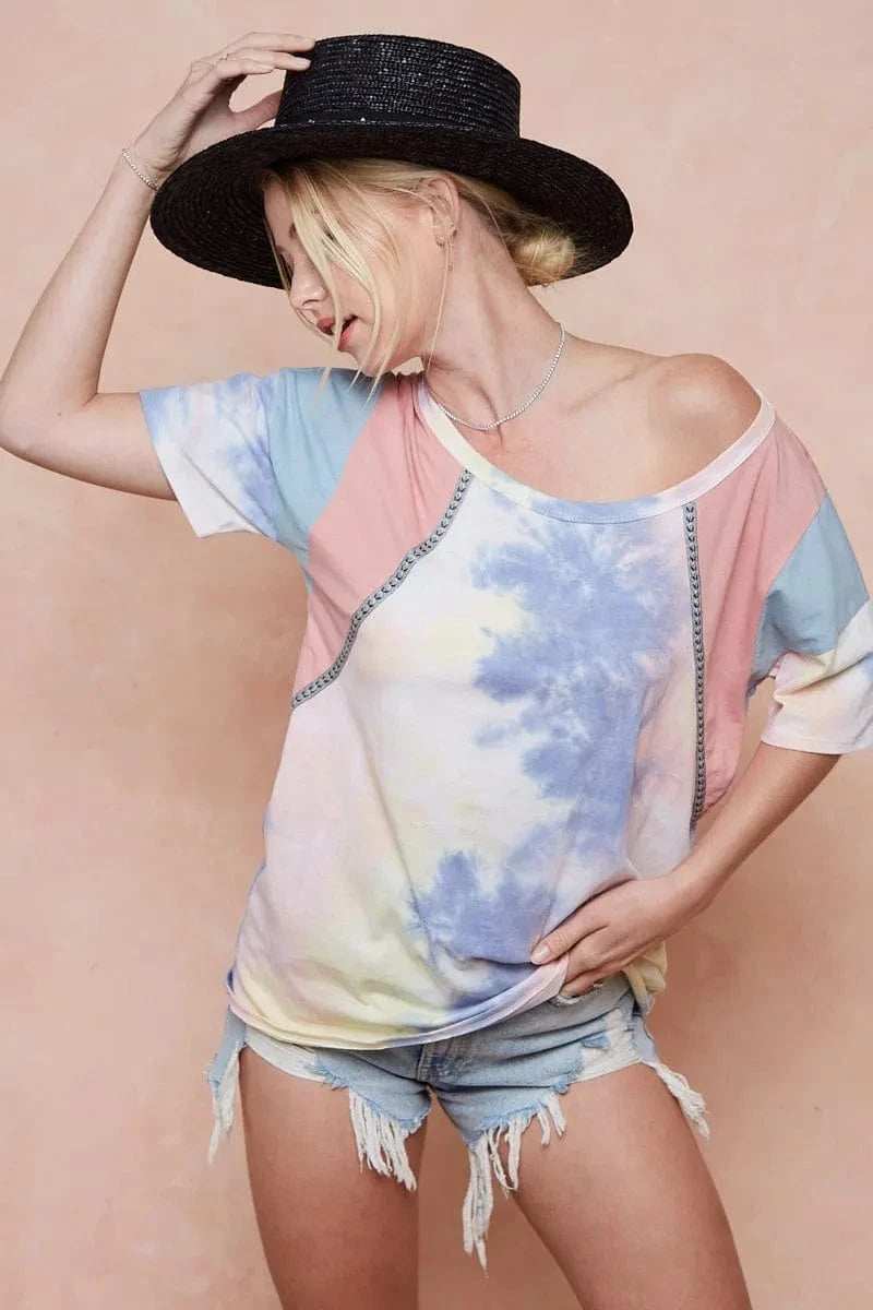 BiBi Tie Dye Printed Cotton Color Block T-Shirt - Trendsi - Flyclothing LLC