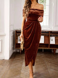 Velvet Off-Shoulder Ruched Midi Dress - Trendsi - Flyclothing LLC