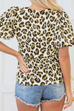 Leopard Bow Tie Front Puff Sleeve Peplum Blouse - Trendsi - Flyclothing LLC