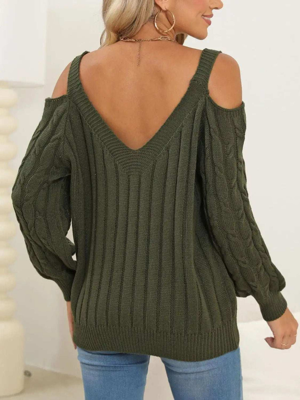 Cable-Knit Heart V-Neck Sweater - Trendsi - Flyclothing LLC