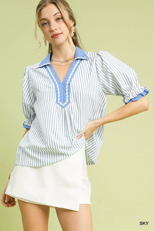 Umgee Seersucker Stripe Ruffle Sleeve Top - Trendsi - Flyclothing LLC