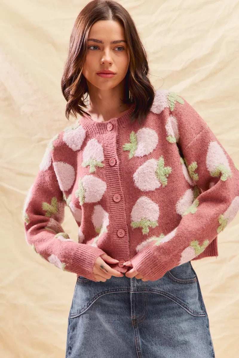SO ME Strawberry Fruit All Over Button Sweater Cardigan - Trendsi - Flyclothing LLC