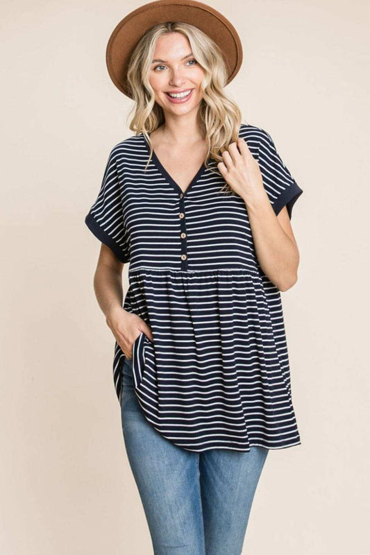 Cotton Bleu by Nu Label Striped Button Front Baby Doll Top - Trendsi - Flyclothing LLC