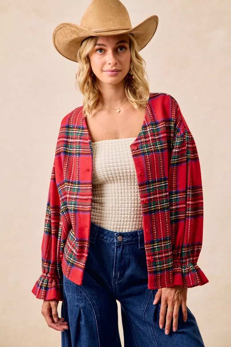 BiBi Christmas Plaid V-Neck Flounce Sleeve Jacket - Trendsi - Flyclothing LLC