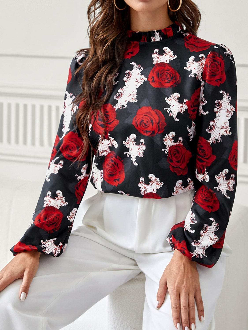 Frill Floral Mock Neck Long Sleeve Top - Trendsi - Flyclothing LLC