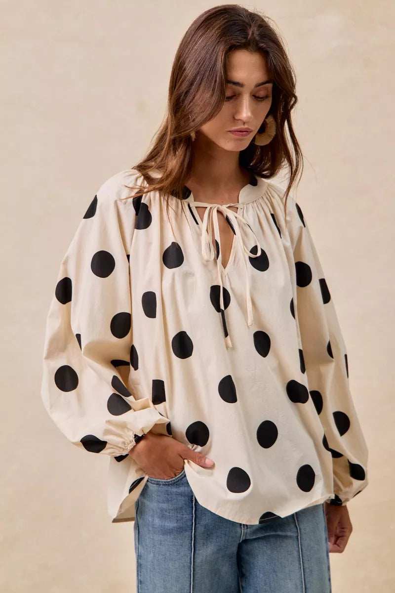 BiBi Polka Dot Exaggerated Balloon Sleeves Blouse - Trendsi - Flyclothing LLC