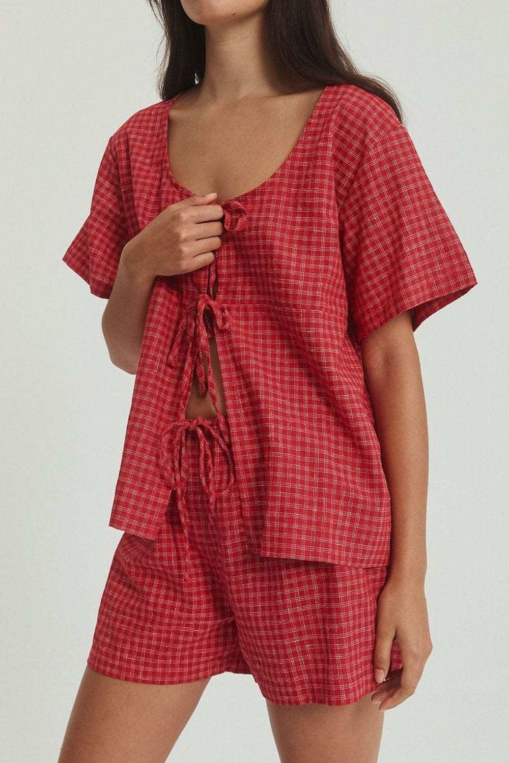 Plaid Tied Scoop Neck Short Sleeve Top and Drawstring Shorts Set - Trendsi - Flyclothing LLC
