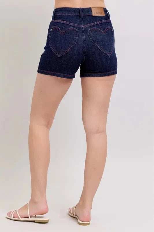 Judy Blue Full Size High Waist Heart Shaped Pkts & Red Contrast Thread Denim Shorts Plus Size - Trendsi - Flyclothing LLC
