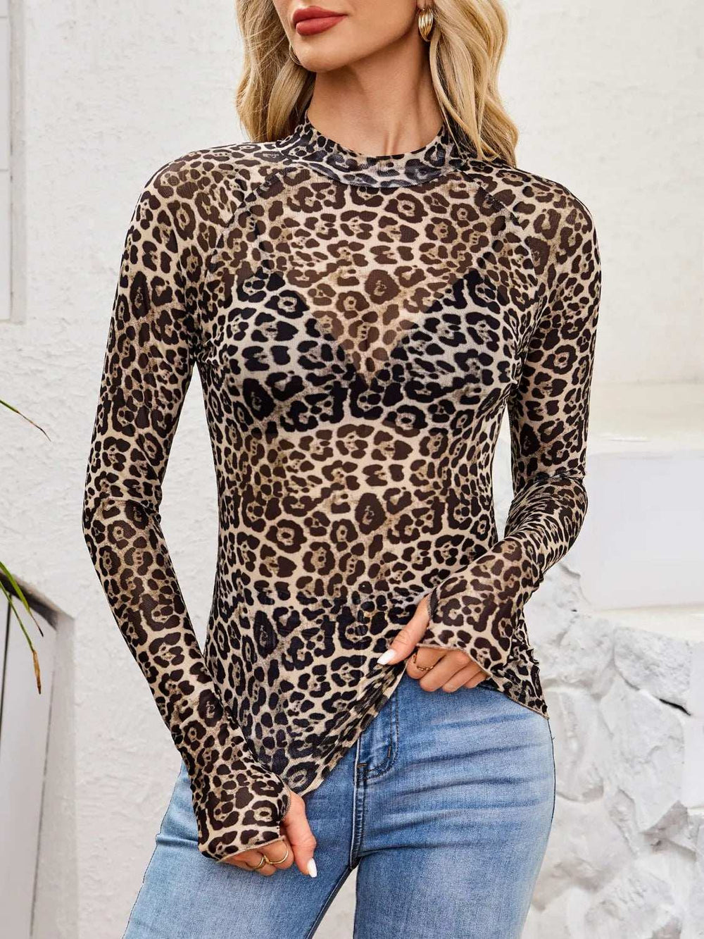 Floral Mock Neck Long Sleeve Top - Trendsi - Flyclothing LLC