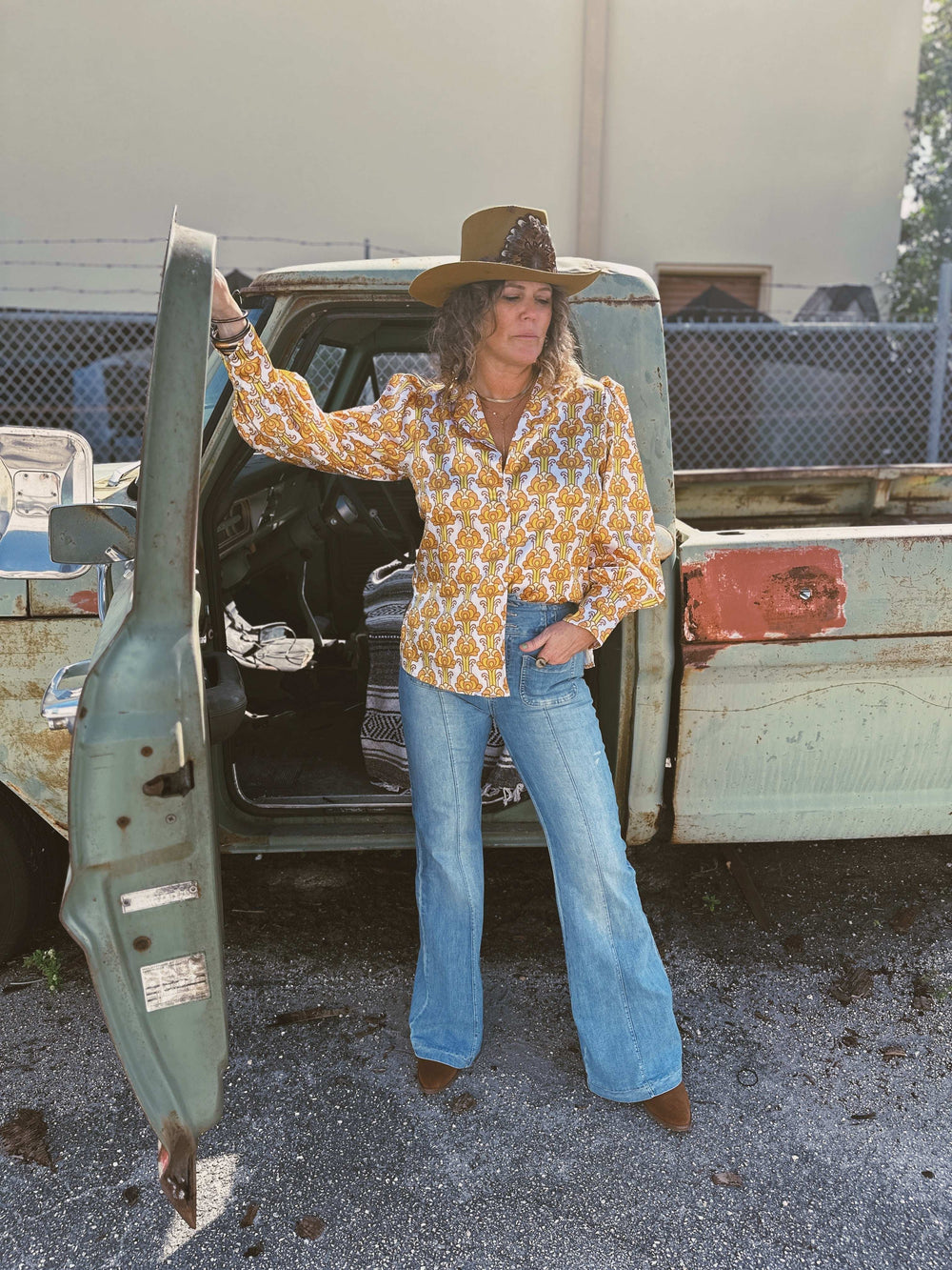 Streets Of Gold Golden Yellow Tulip Flower Pouf Sleeve Button Up Blouse - Lil Bee's Bohemian - Flyclothing LLC