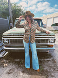 Vagabond Retro Green Tulip Zipper Front Blouse - Lil Bee's Bohemian - Flyclothing LLC