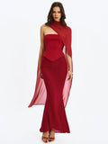 Giselle Crimson Peplum Mermaid Gown with Chiffon Scarf - Miss Circle - Flyclothing LLC