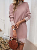 Striped Mock Neck Long Sleeve Sweater Dress - Trendsi - Flyclothing LLC
