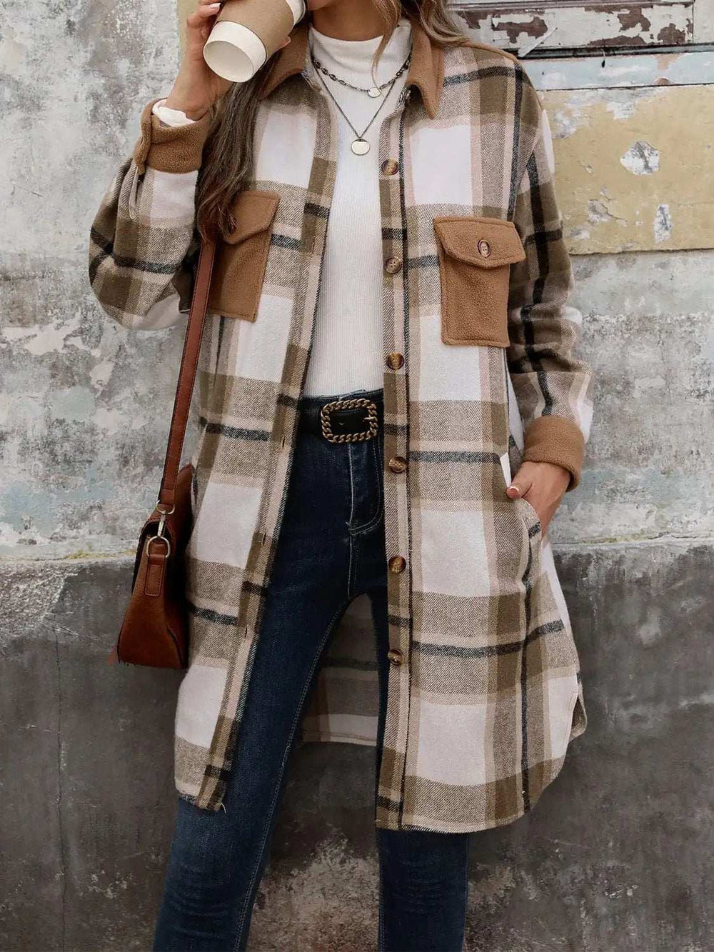 Plaid Button Up Long Sleeve Coat - Trendsi - Flyclothing LLC