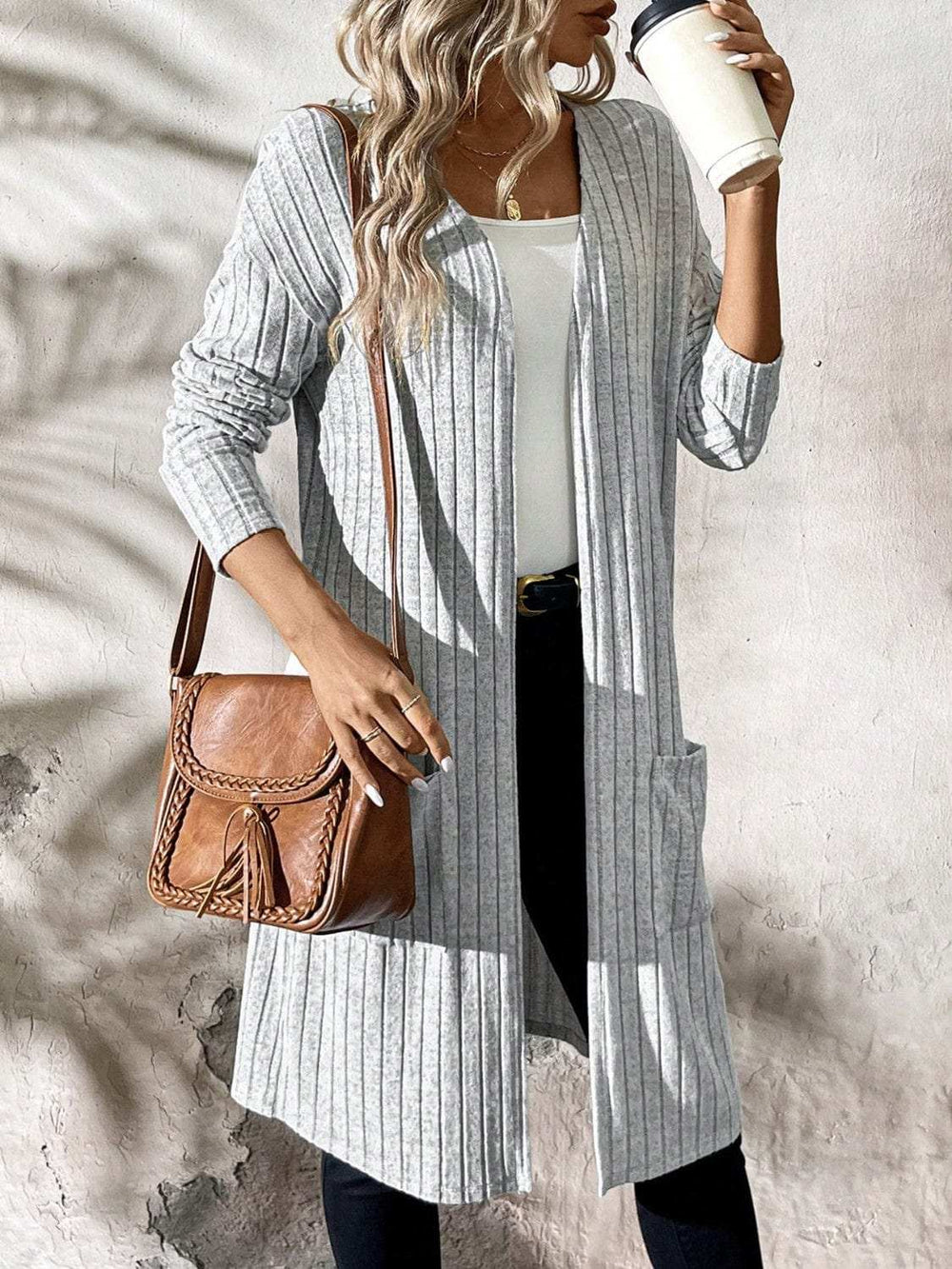 Ribbed Open Front Long Sleeve Cardigan with Pockets - Trendsi - Flyclothing LLC