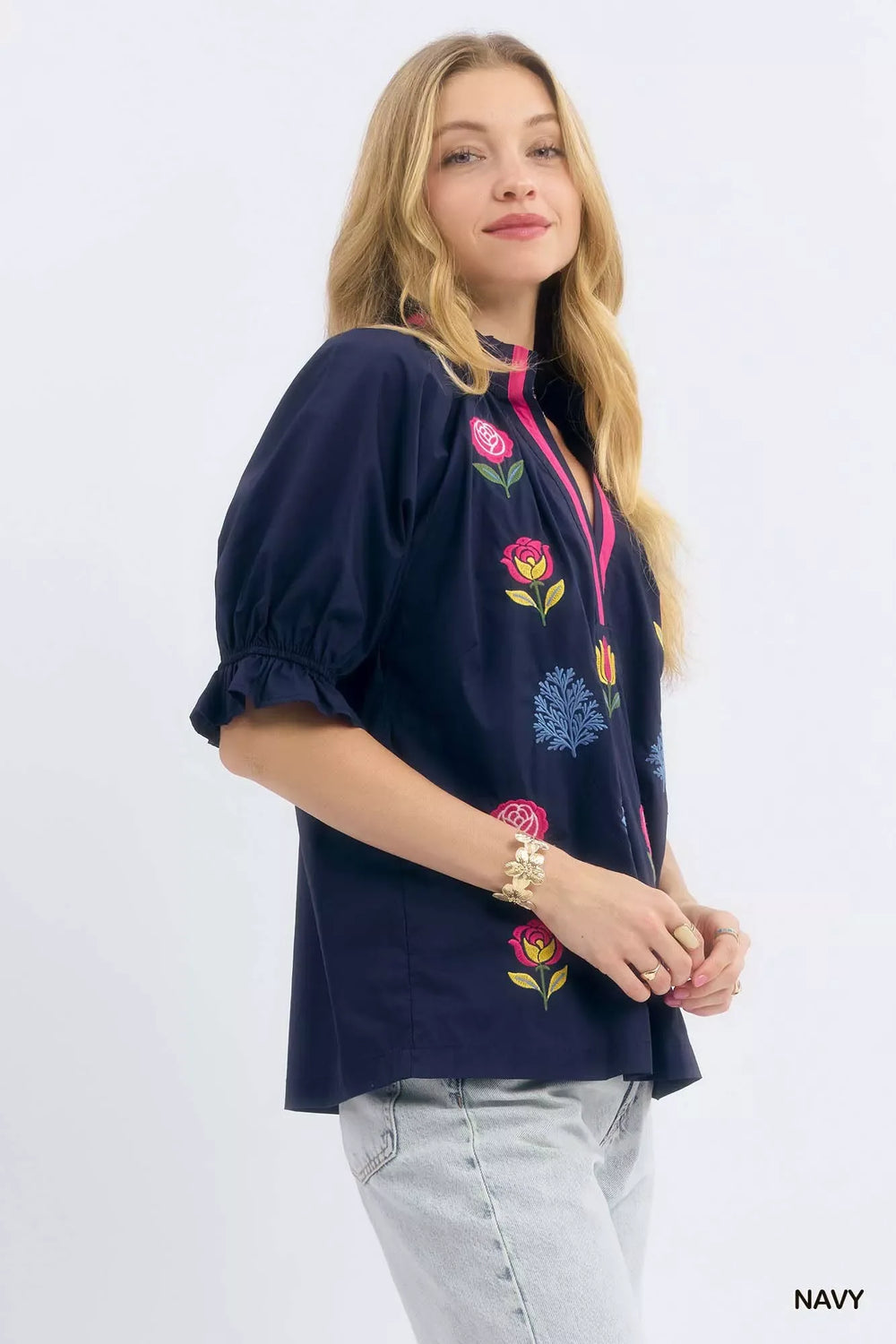 Umgee Embroidered Floral Top with Contrast Trim - Trendsi - Flyclothing LLC