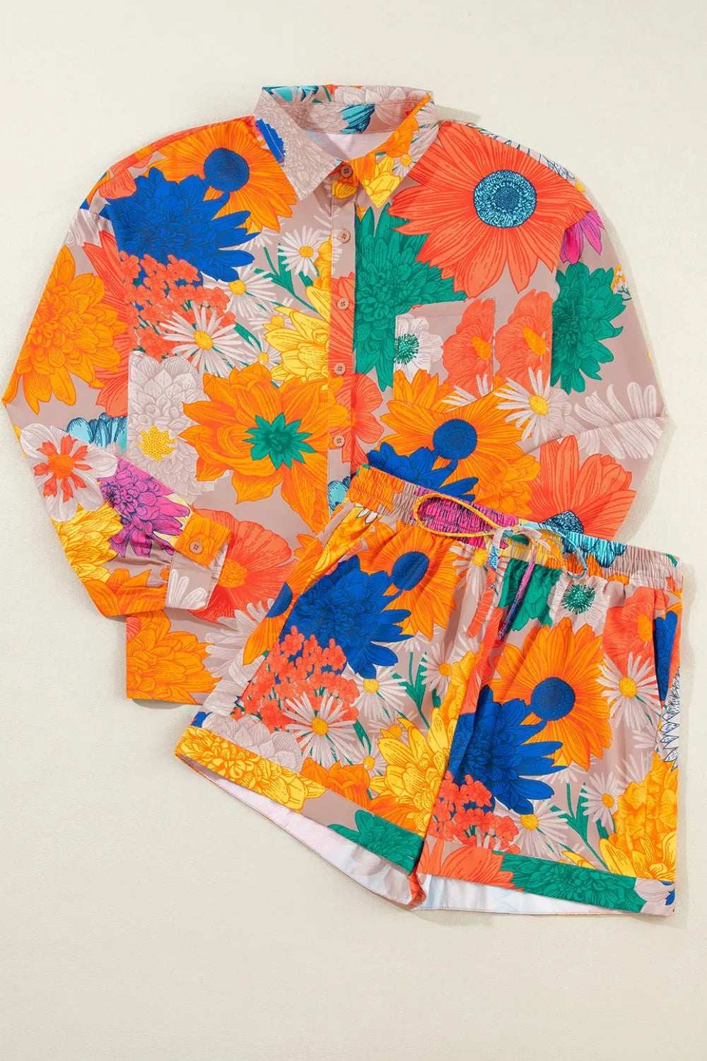 Printed Button Up Long Sleeve Top and Shorts Set - Trendsi - Flyclothing LLC