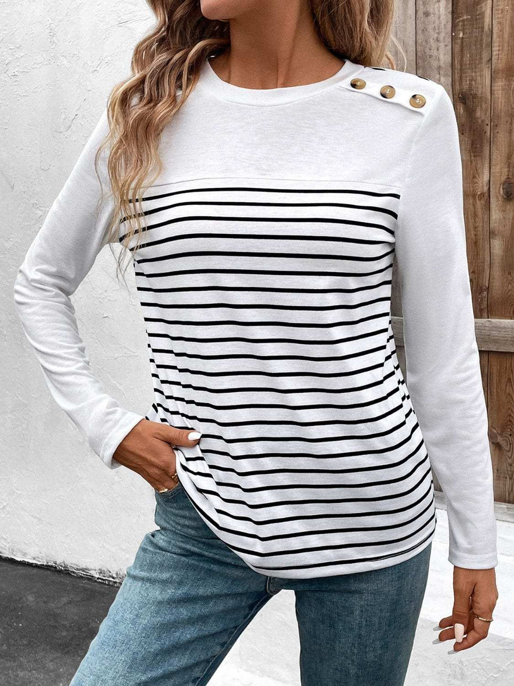 Decorative Button Striped Round Neck Long Sleeve T-Shirt - Trendsi - Flyclothing LLC