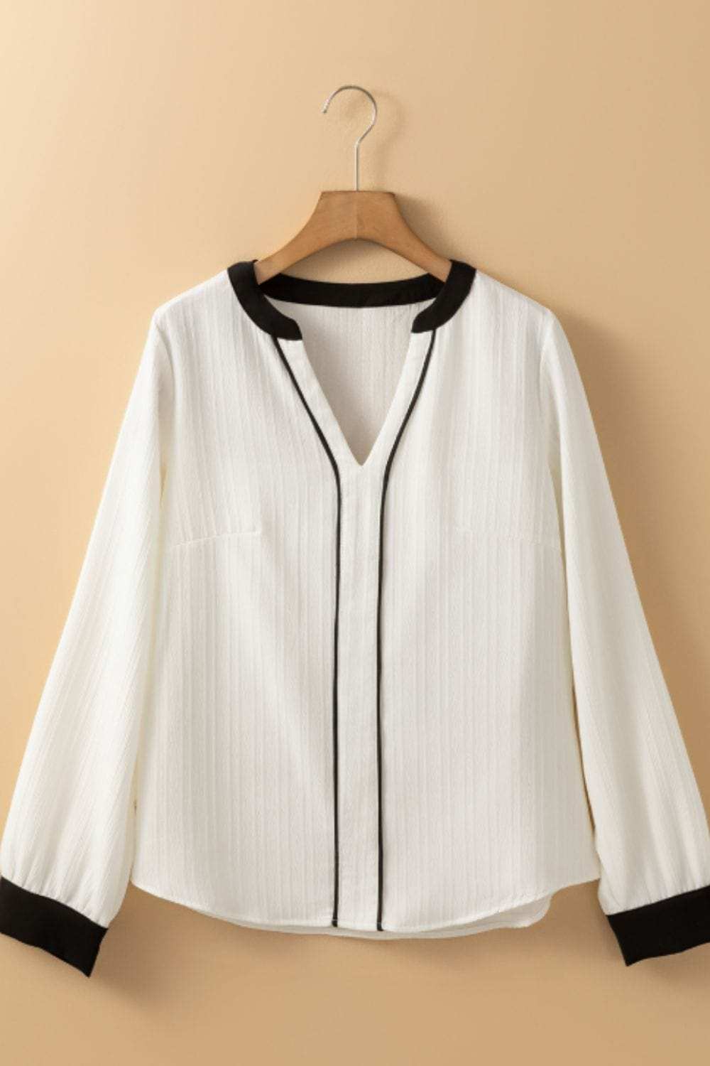 Contrast Notched Long Sleeve Blouse - Trendsi - Flyclothing LLC