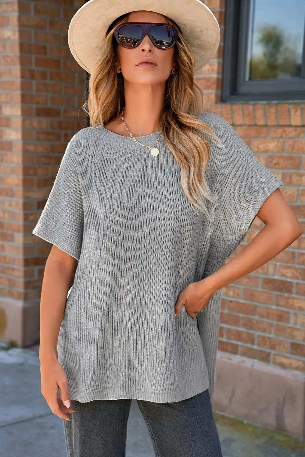 Slit Round Neck Short Sleeve Knit Top - Trendsi - Flyclothing LLC