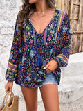 Printed Tie Neck Long Sleeve Blouse - Trendsi - Flyclothing LLC