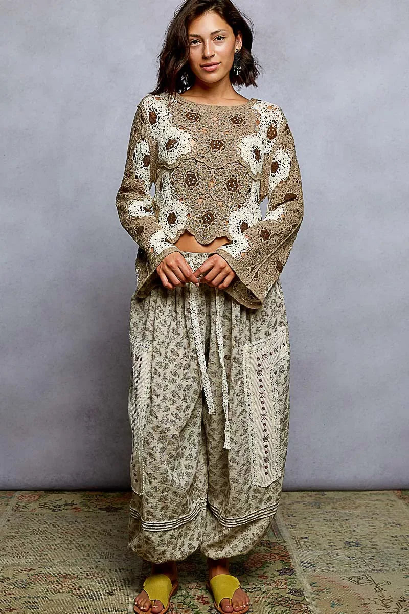 POL Floral Weave Pattern Crochet Cropped Top with Beads Detail - Trendsi - Flyclothing LLC