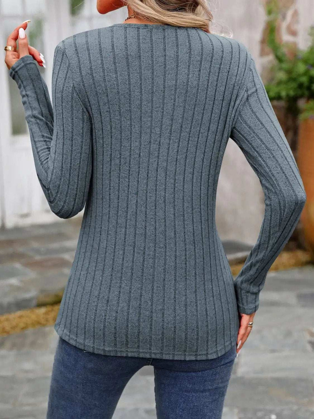 Decorative Button Round Neck Long Sleeve T-Shirt - Trendsi - Flyclothing LLC