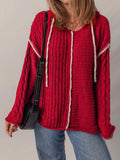 Contrast Trim Textured Knit Drawstring Hooded Sweater - Trendsi - Flyclothing LLC